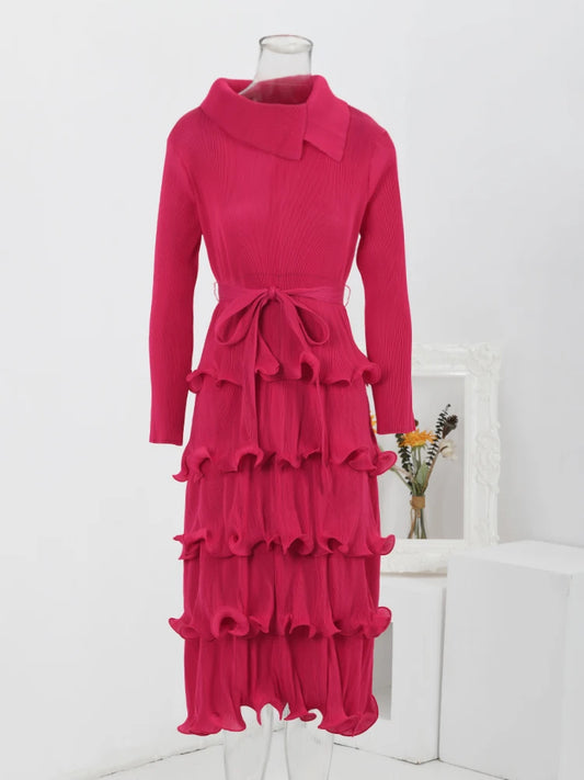 LANMREM Ruffles Pleated Dress For Women Lapel Long Sleeves Solid Color Elegant Dresses With Belt Female New Design 32A306