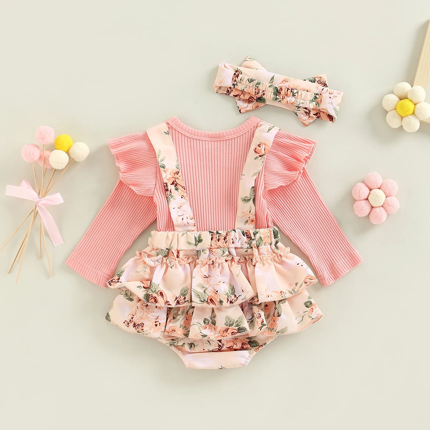 Infant Newborn Baby Girls 2Pcs Spring Autumn Outfits, Long Sleeve Romper Floral Suspender Dress + Headband Set