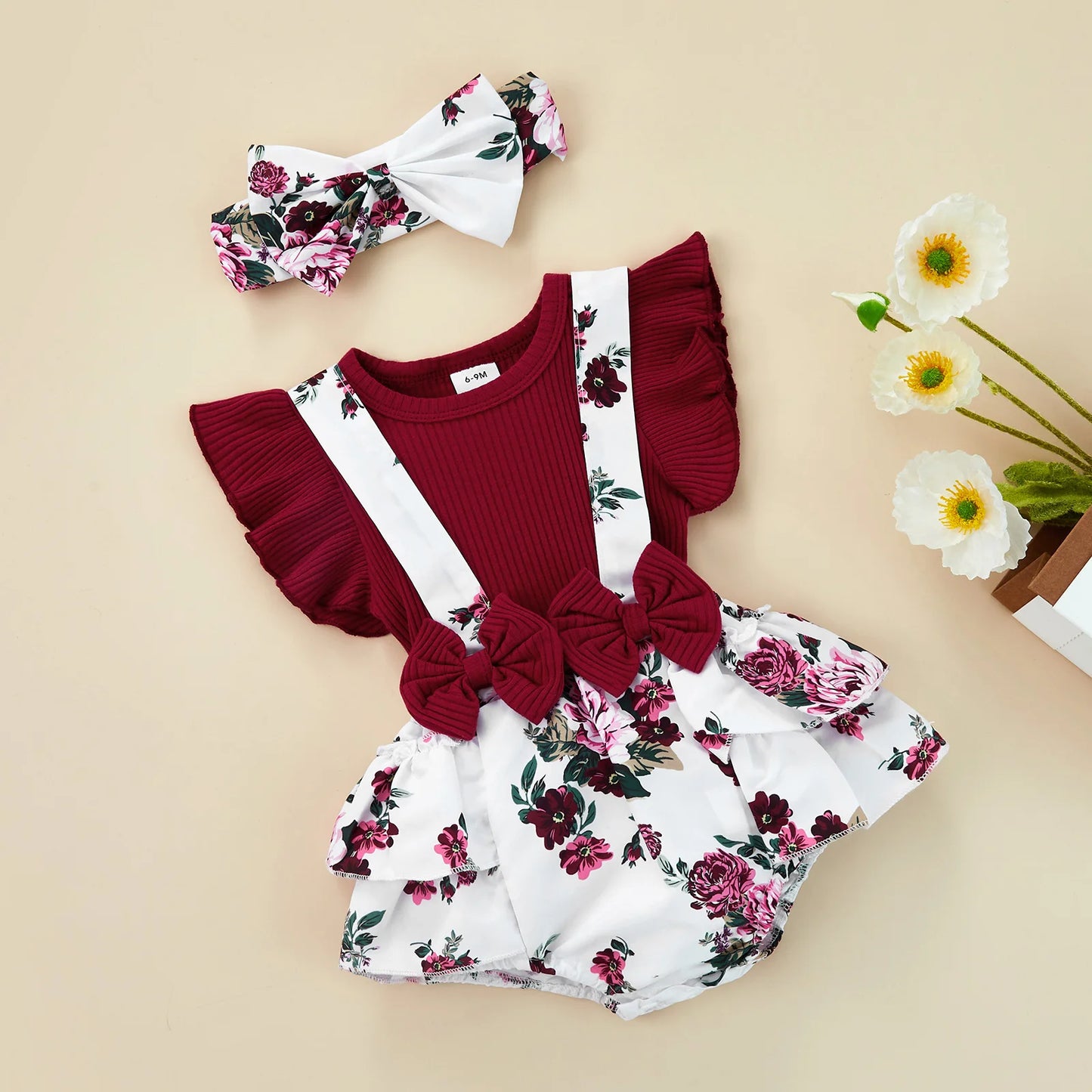 Infant Baby Girl Romper, Fly Sleeve Round Neck Ruffle Patchwork Toddler Summer Loose Jumpsuit+Head Band