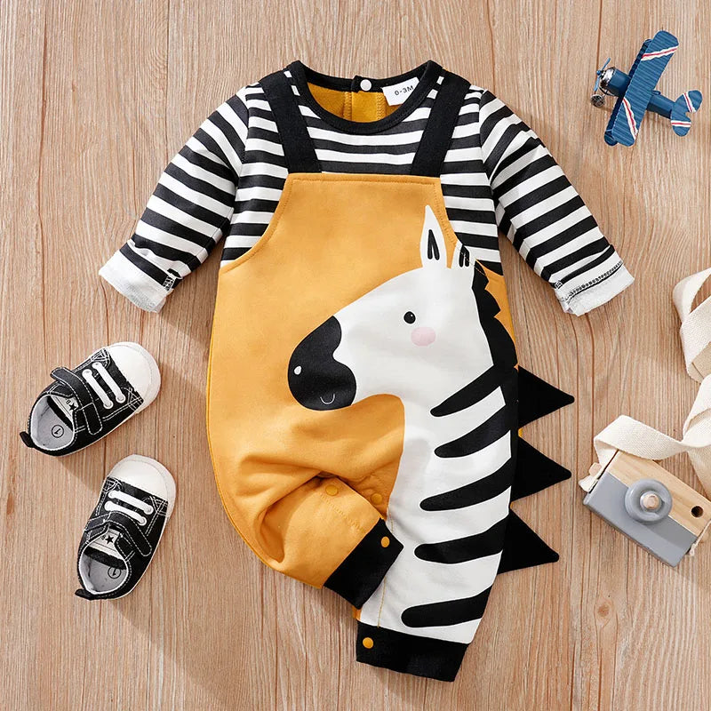Baby Jumpsuit Cute Cartoon Strap With 3d Zebra Print For Comfortable And Soft Spring And Autumn Long Sleeves 0-18mNewbornClothes