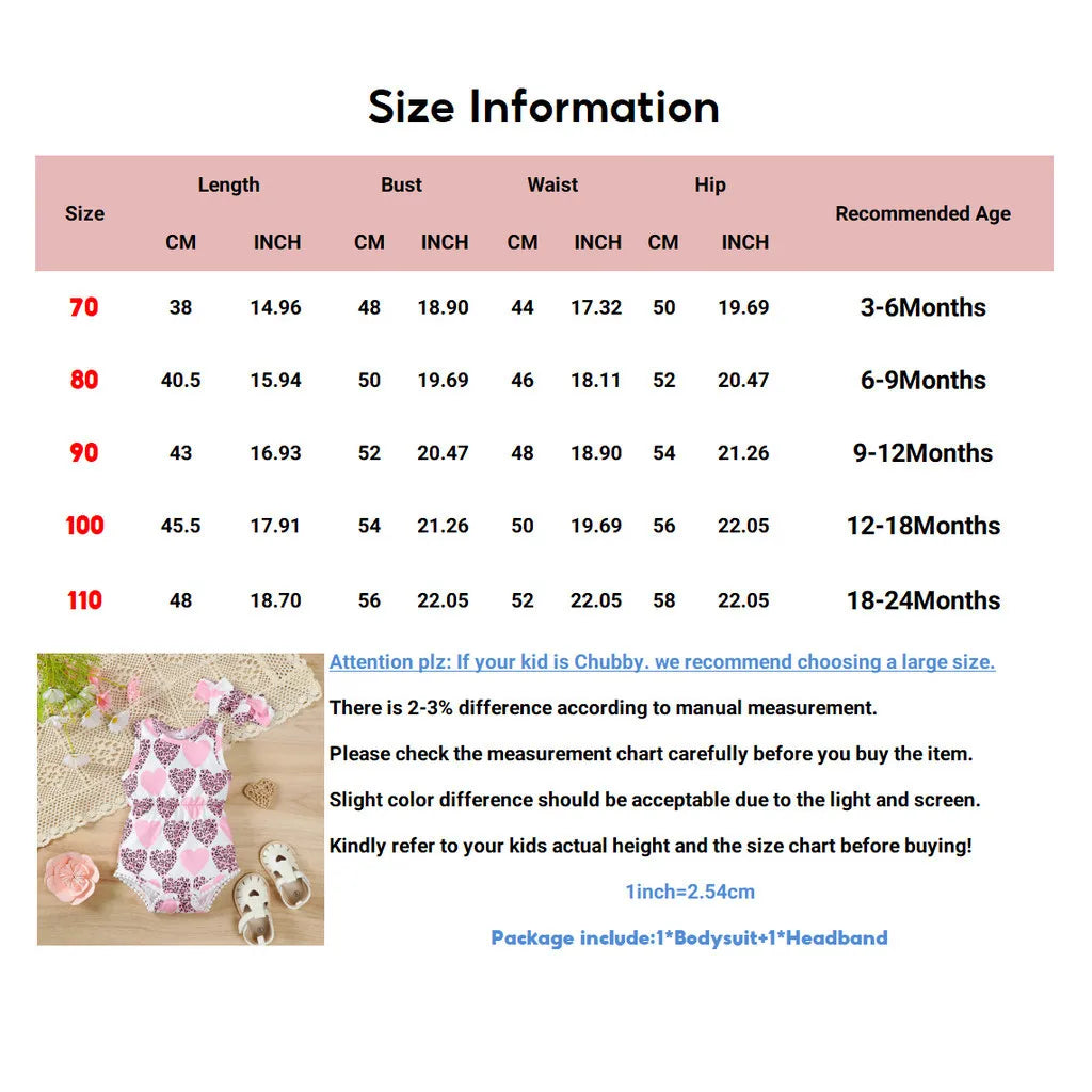 Newborn Baby Girl Romper Sleeveless Heart Print Pattern Bodysuit+Headband 2PCS Costume for Infant Girl 3-24 Months