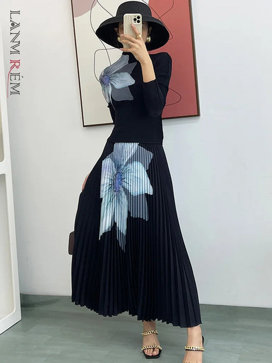 Elegant Fashion Printed Pleated 2 Pieces Set Women Turtleneck Slim Tops With High Waist Mid Length Skirts