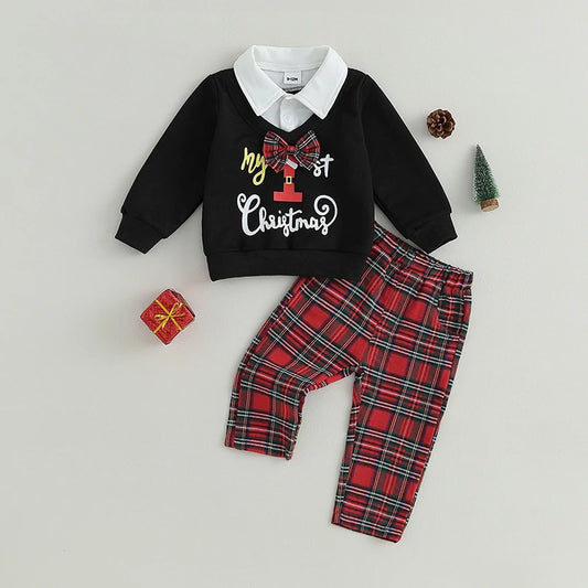 2Pcs Toddler Boys Girls Fall Clothes Christmas Outfits Long Sleeve Lapel Collar Patchwork Sweatshirts Plaid Pants Clothes Set