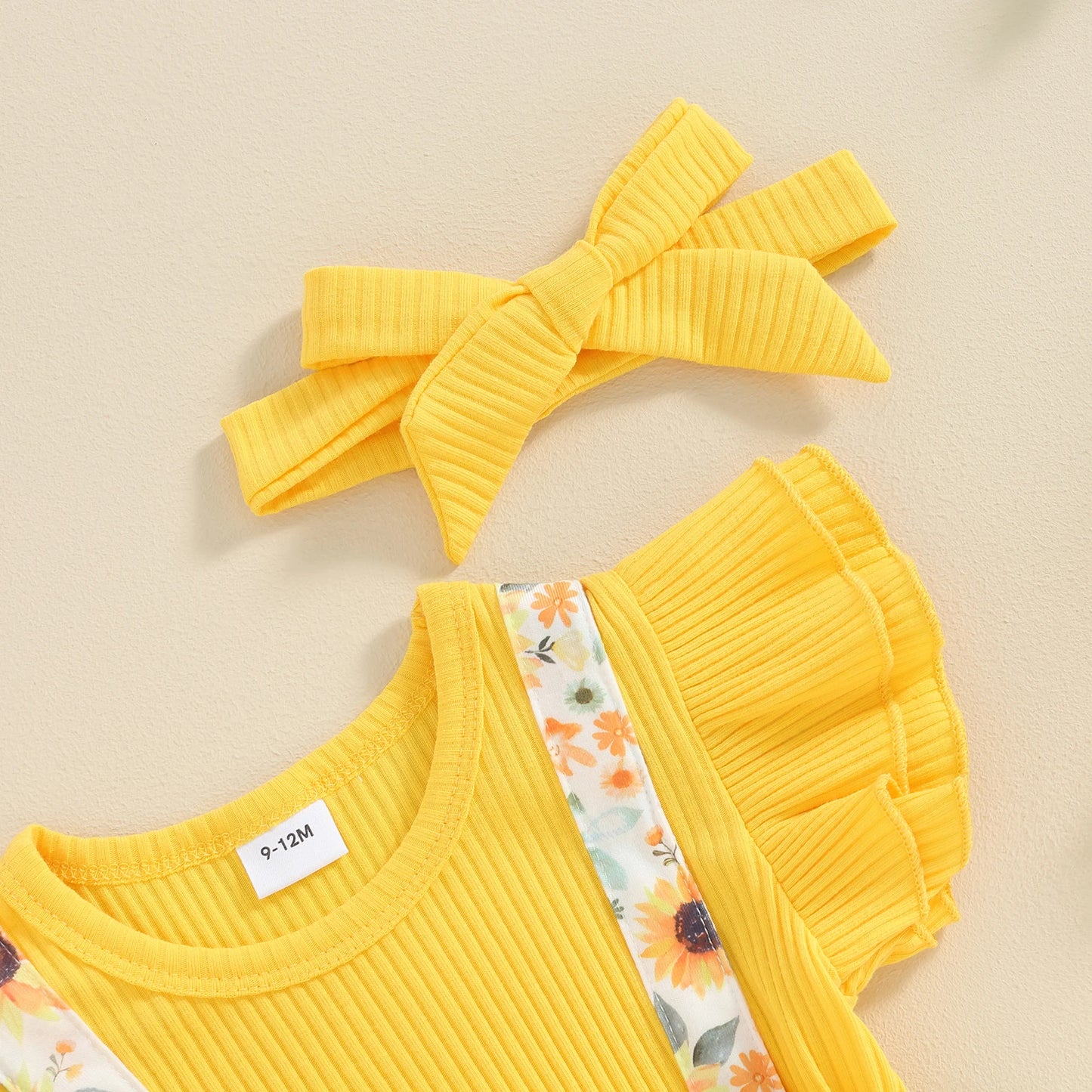 Citgeett Summer Infant Baby Girl Clothes Set Fly Sleeve Sunflower Print Bow Bodysuit + Ribbed Headband Yellow Outfits