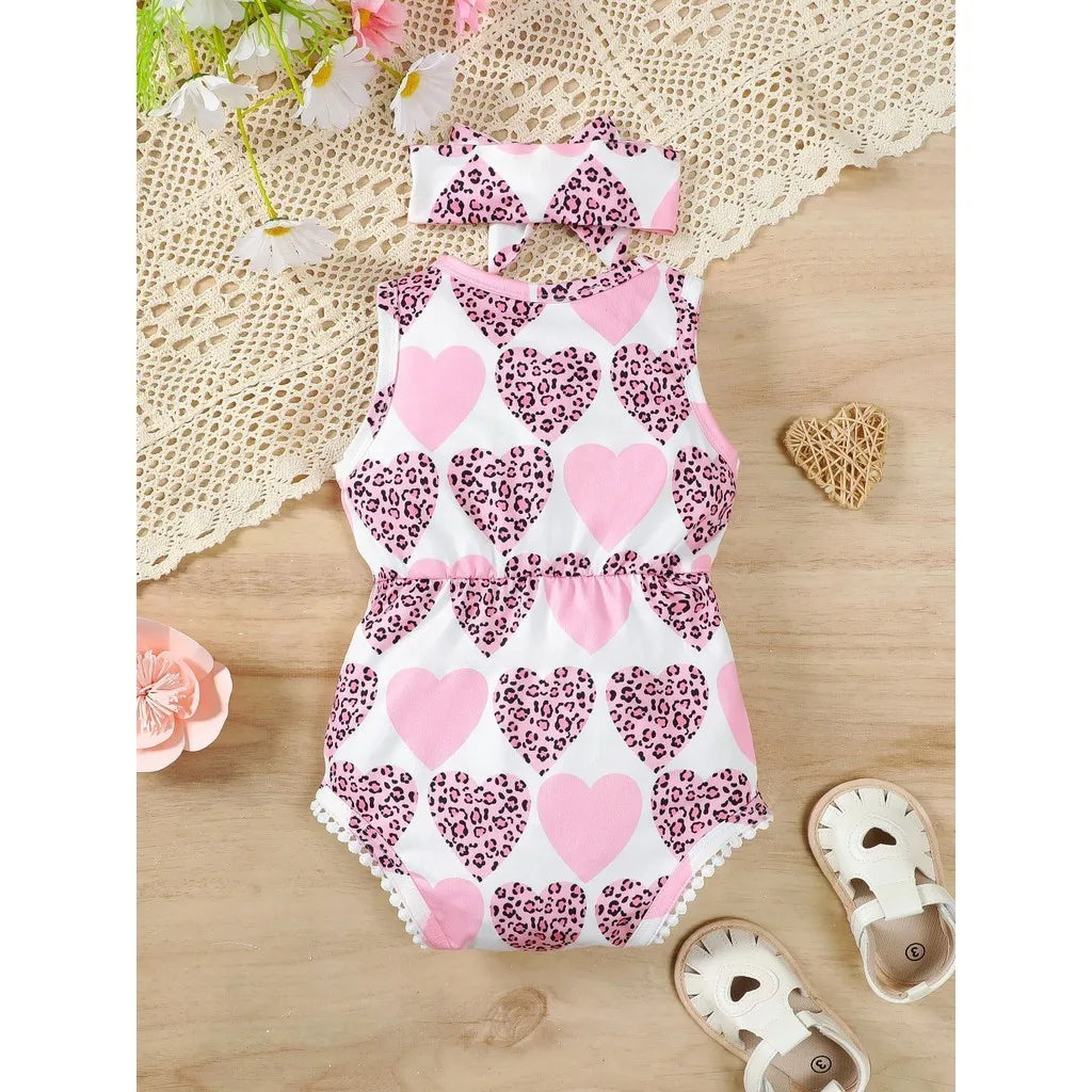 Newborn Baby Girl Romper Sleeveless Heart Print Pattern Bodysuit+Headband 2PCS Costume for Infant Girl 3-24 Months