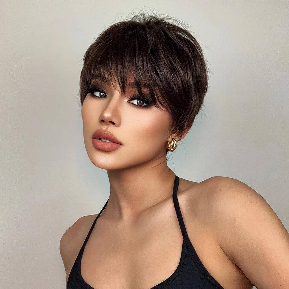 Short Pixie Cut Dark Brown Synthetic Wigs Natural Straight Layered Wig with Fluffy Bangs for Women Daily Heat Resistant Hair