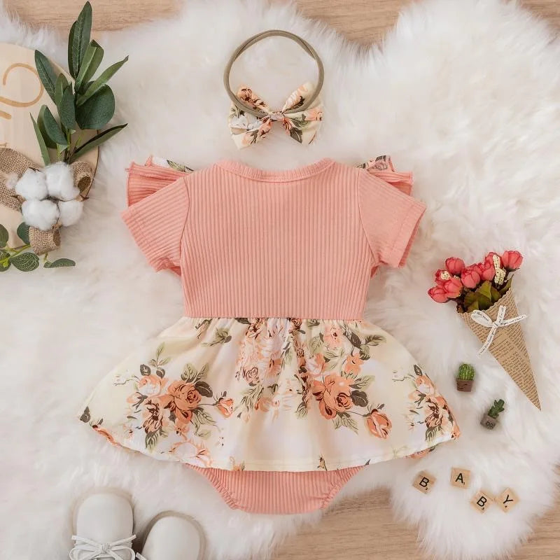 Fashion Baby Romper Newborn Bodysuit Short Sleeve Ribbed Floral Infant Girl Jumpsuit Headband Baby Girl Summer Clothing