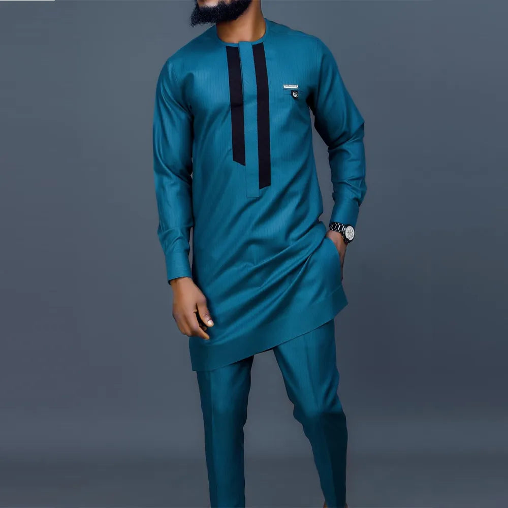 Men's Elegant Long Sleeve Suit Shirt Pants 2-piece Solid Color Party Long Sleeve African Ethnic Style-men suit-Top Super Deals-As Picture 8-M-Free Item Online