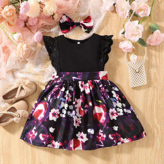 Summer Girls' Baby A- line Skirt Fashion Black Lace Flutter Sleeve Purple Floral Flower Dress