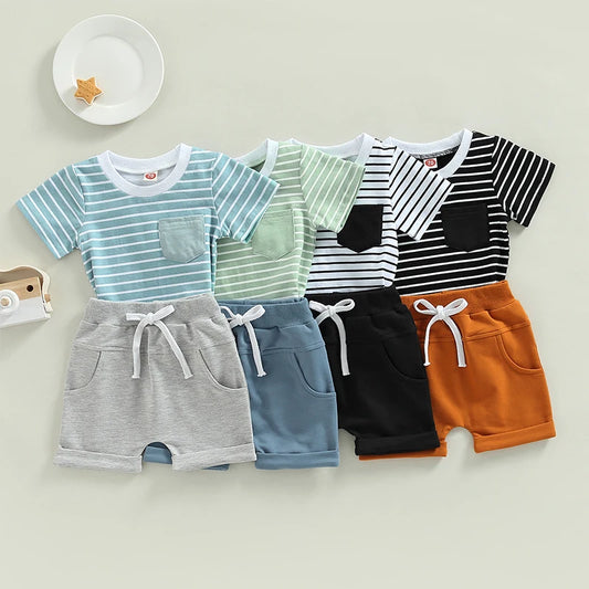 Toddler Baby Boys Summer Clothes Set Short Sleeve Striped T-Shirt Tops Elastic Waist Drawstring Shorts Casual Outfits