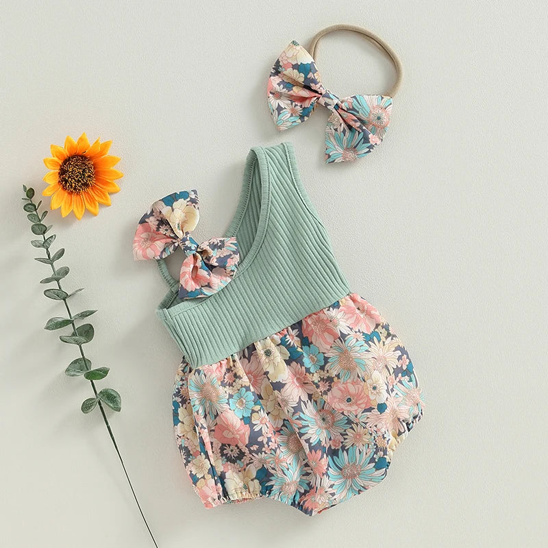 pudcoco Infant Newborn Baby Girl Two Piece Outfits Summer Floral One Shoulder Romper and Stretch Headband Cute Clothes