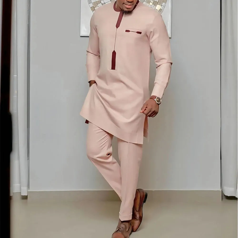 Men's Elegant Long Sleeve Suit Shirt Pants 2-piece Solid Color Party Long Sleeve African Ethnic Style-men suit-Top Super Deals-As Picture 13-M-Free Item Online