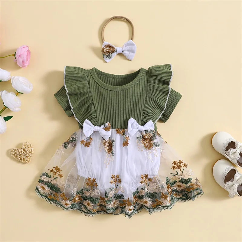 Newborn Baby Girl Romper Dress Flower Embroidery Knit Rib Ruffles Crew Neck Jumpsuit Summer Bodysuit Bow Headband