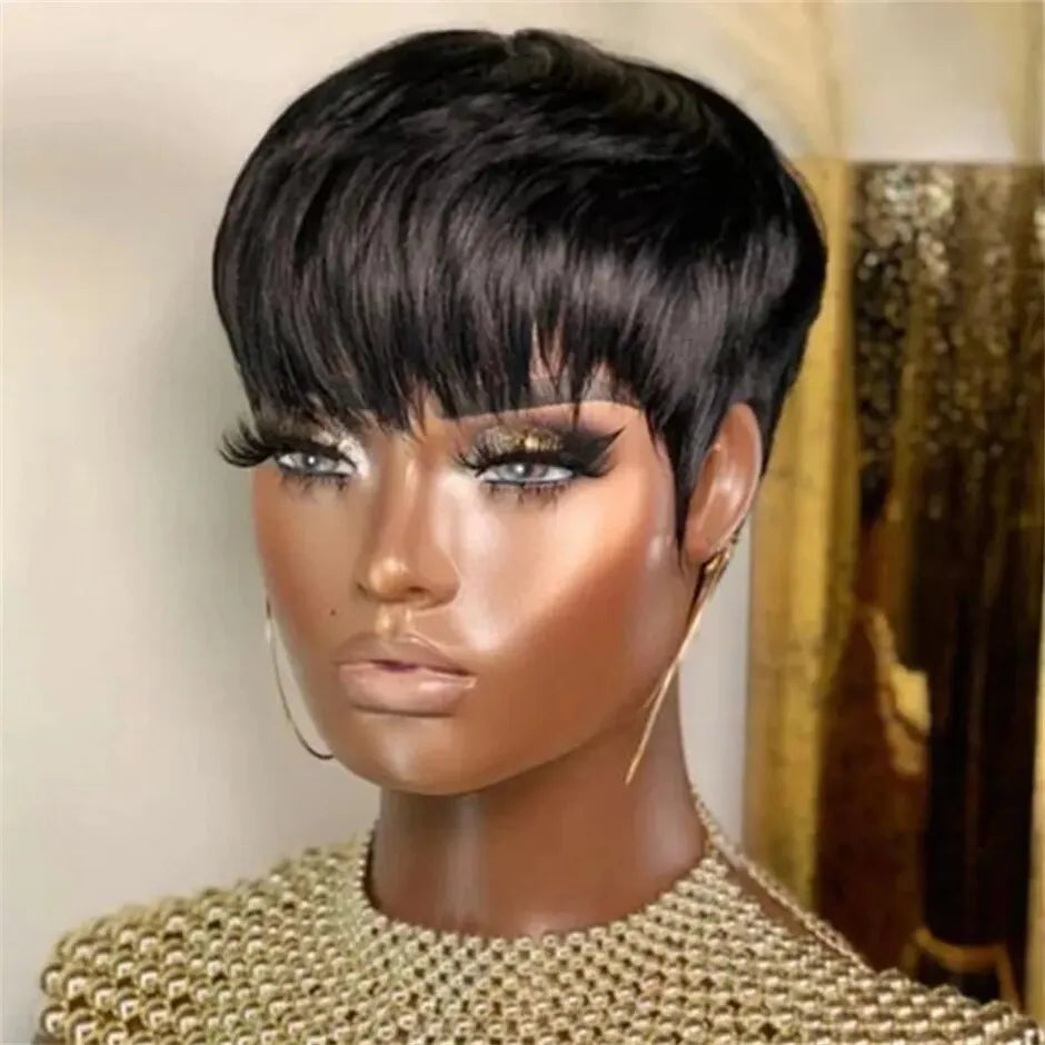 Natural Short Bob Pixie Cut Wigs Short Straight Black Color Bob Pixie Cut Wavy Human Hair Wig With Bangs For Black Women Remy