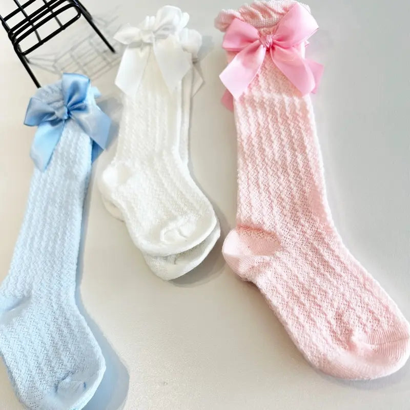 3 Pairs White Pink and Blue Baby Hot Sales Summer Hose Tube Bow Anti Mosquito Knee Socks