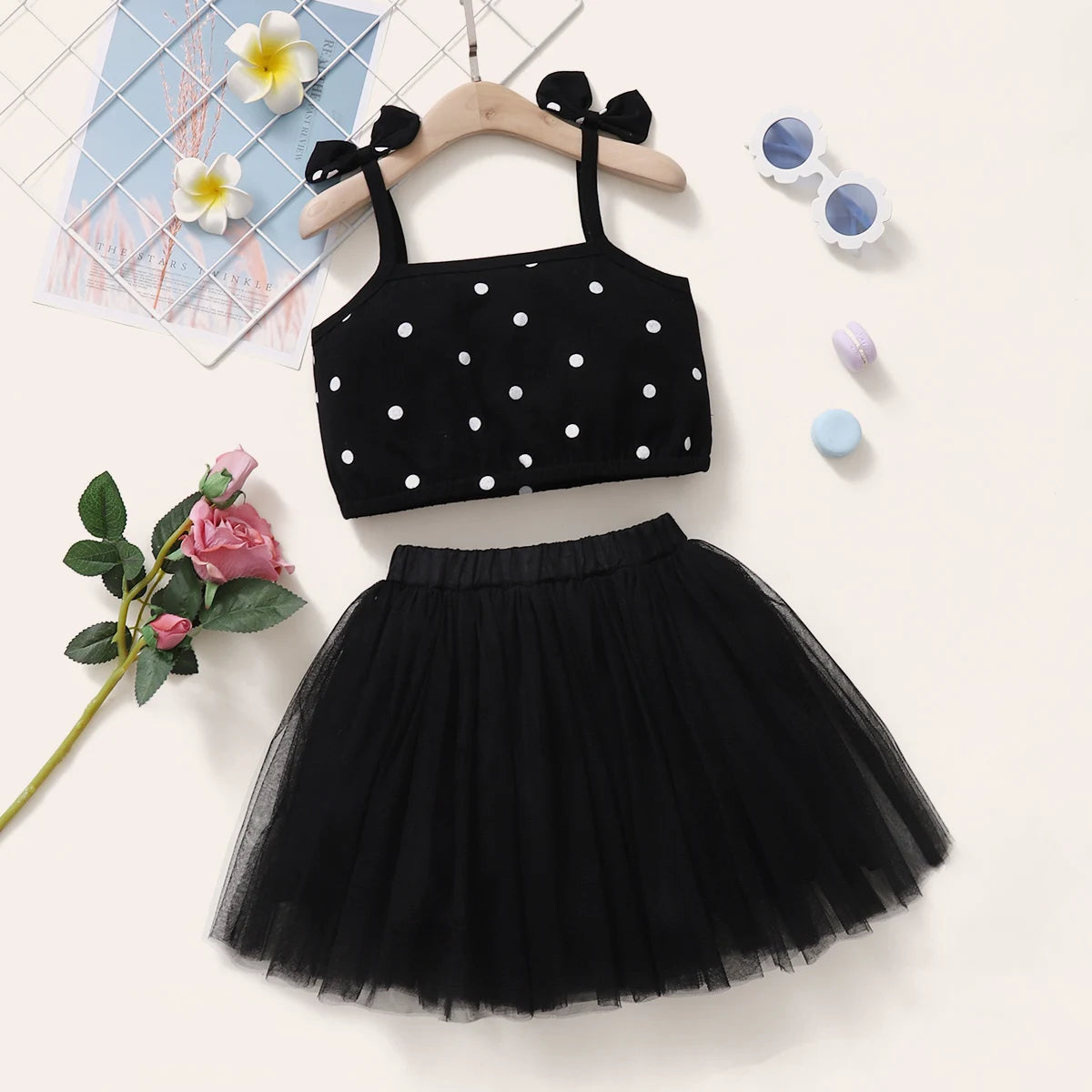 Kid Boyclothing Bow Strap Dots Tops Black Chiffon Puffy Skirt Summer Party Fashion Set Suitable for Female Babies Aged 1-6 Years