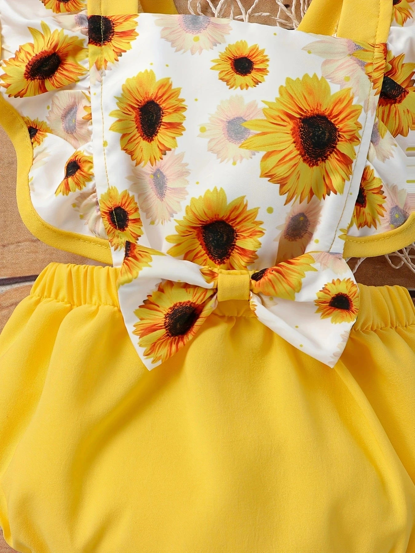 Girls Cute Sunflower Bowknot Ruffle SleeveOnesie