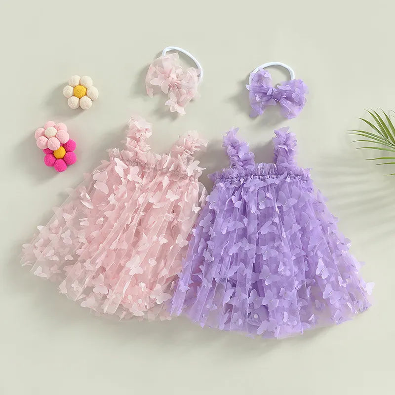 Baby Girls 2Pcs Summer Mesh Bodysuits Dress Newborn Outfits Sleeveless 3D  Tulle Tutu Bodysuit Headband Rompers Set