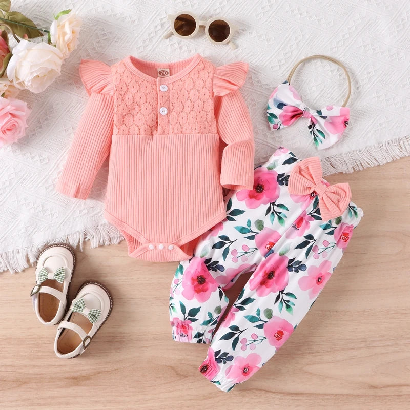 Baby Girl Fall Outfits Floral Lace Rib Knit Ruffle Long Sleeve Rompers Flower Print Pants Bow Headband 3Pcs Clothes Set