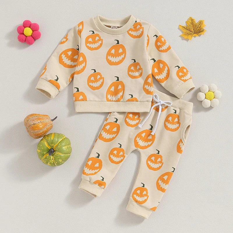 Baby Girls Boys Clothes Set Halloween Pumpkin Print Long Sleeve Crew Neck Sweatshirt with Elastic Waist Sweatpants Fall Clothes