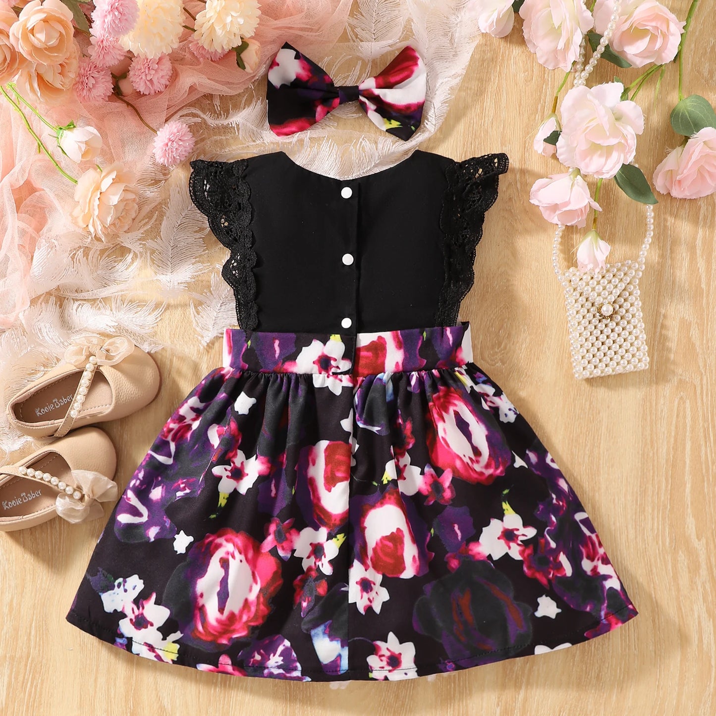 Summer Girls' Baby A- line Skirt Fashion Black Lace Flutter Sleeve Purple Floral Flower Dress