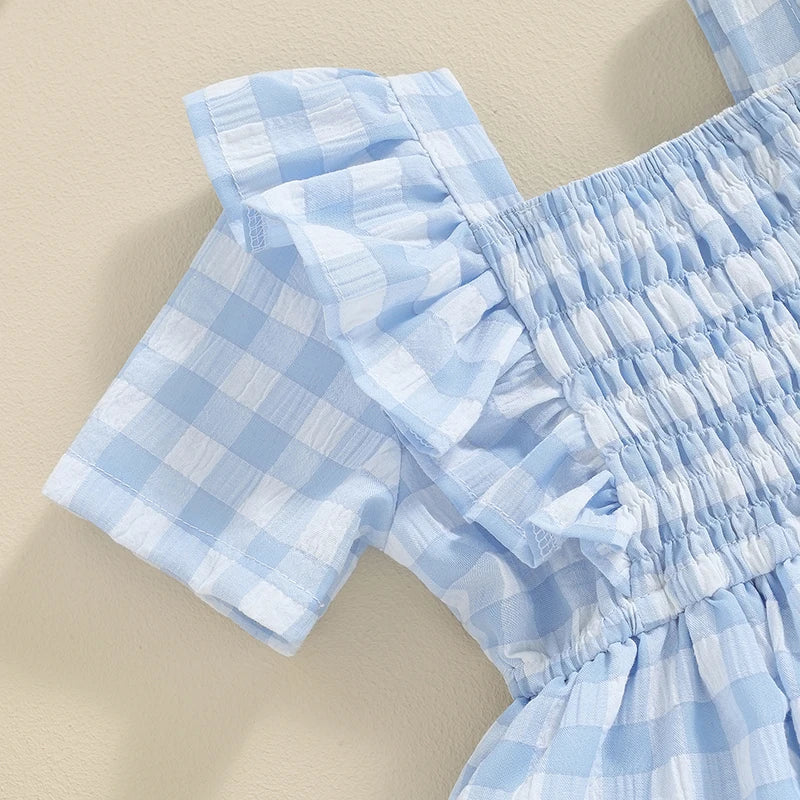 Plaid Romper Dress 3D Bow Headband Infant Toddler Summer Clothes