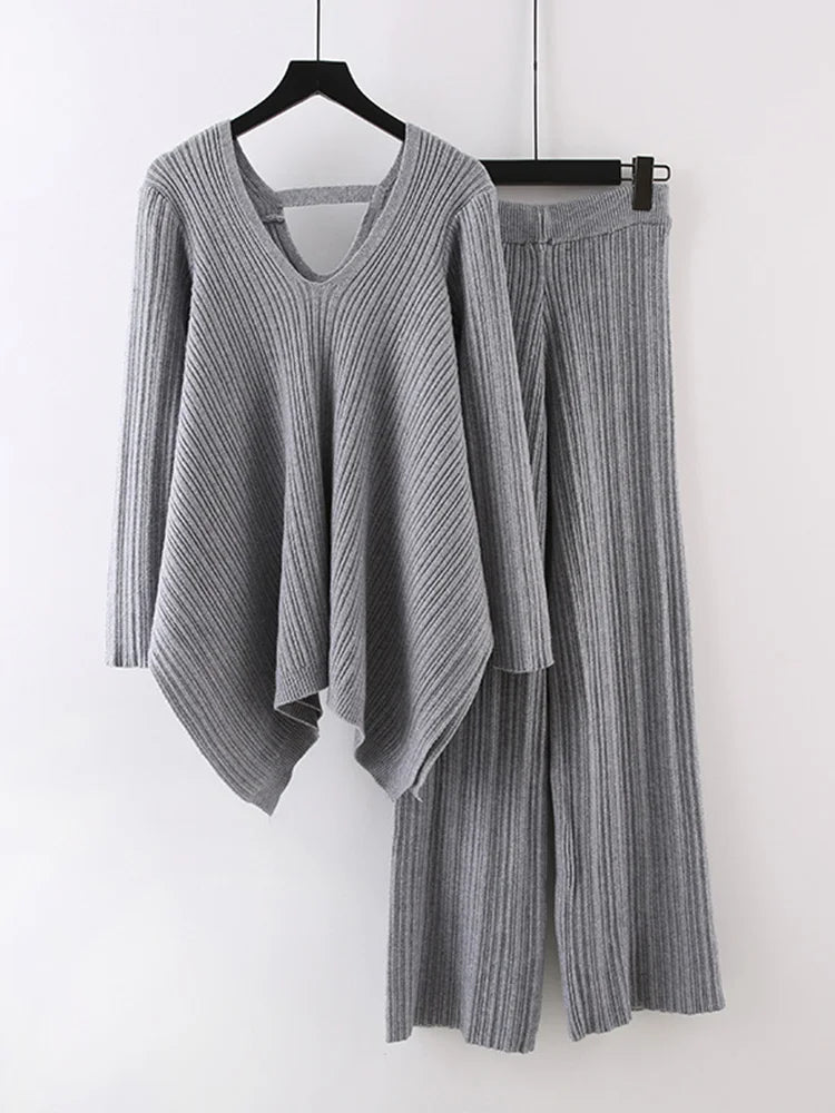 Irregular Knitted 2 Piece Set Women's V-neck Backless Long Sleeves Solid Sweater High Waist Wide Leg Trousers-church dresses-Top Super Deals-Gray-One Size-Free Item Online