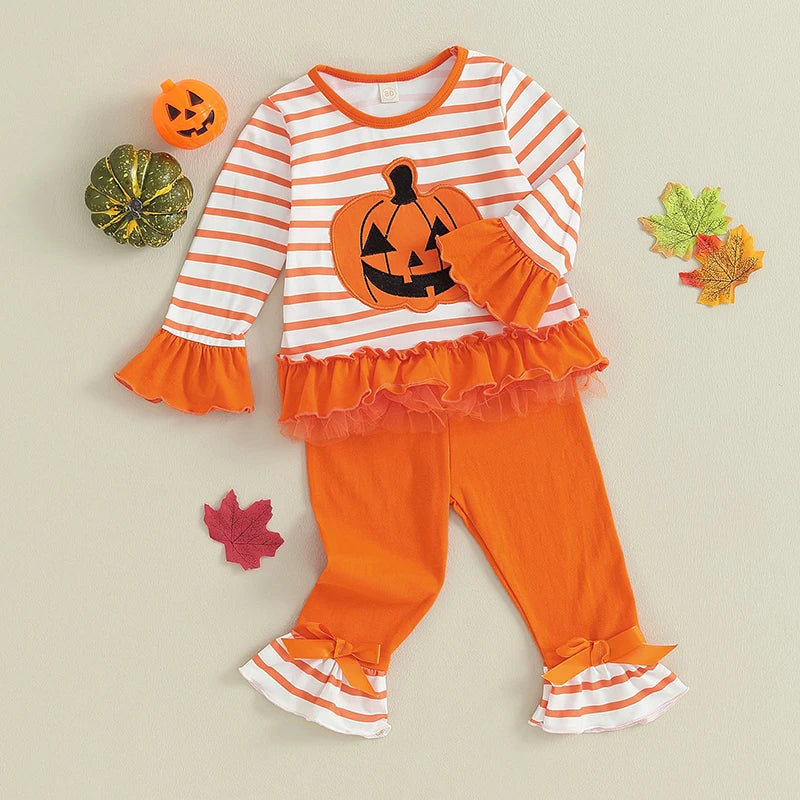 Girls Halloween Outfits Striped Pumpkin Print