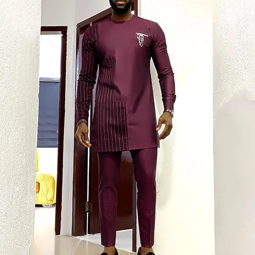 Men's Elegant Long Sleeve Suit Shirt Pants 2-piece Solid Color Party Long Sleeve African Ethnic Style-men suit-Top Super Deals-As Picture 12-M-Free Item Online