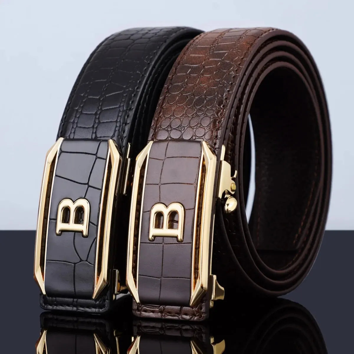 Men Leather Belt Crocodile Pattern Automatic Buckle Fashionable Versatile Waist Belt Middle-aged Casual Business 120cm