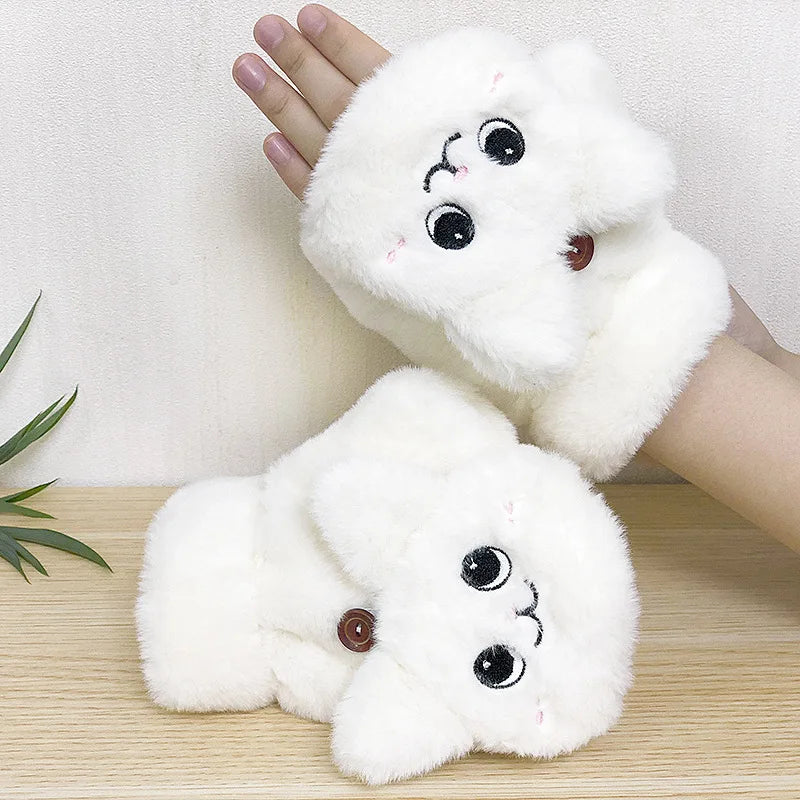 Fashion Women Plush Warm Glove Fur Rabbit Cat Mittens Flip Fingerless Gloves Soft Girls Thick Gloves Flexible Half Finger Winter