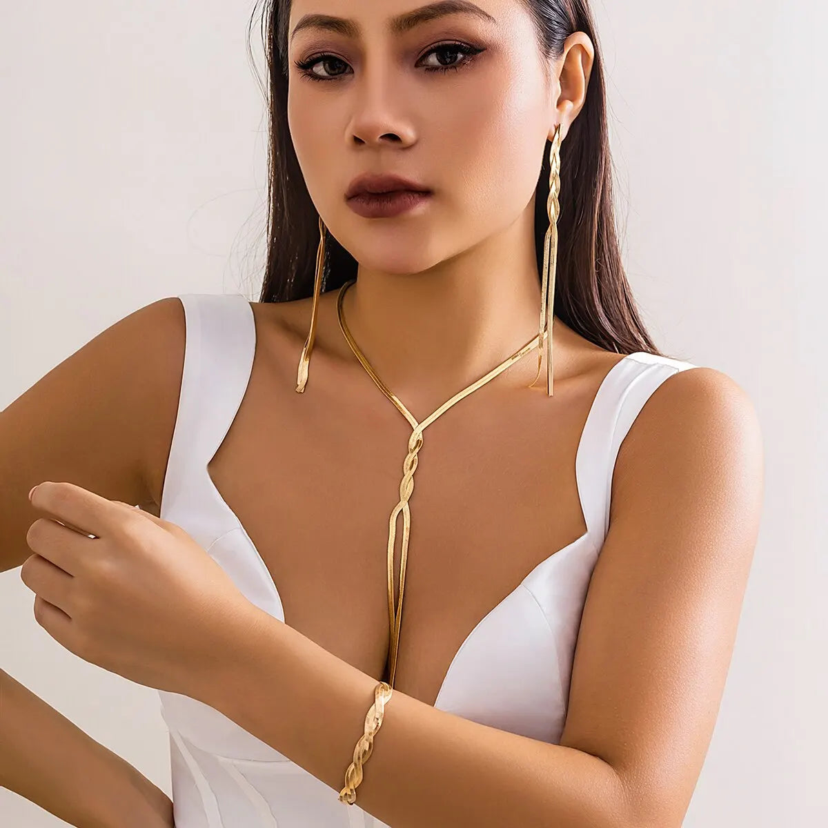 3Pcs Necklace Bracelet Earring Set Gold Tassel Chain Women Gift