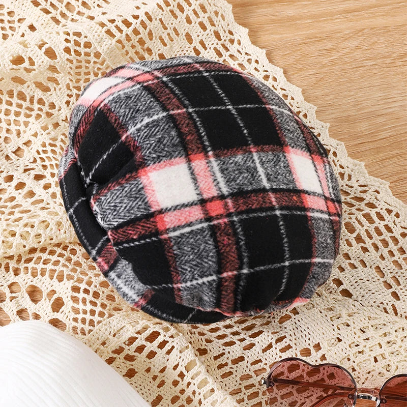 3Pcs Kids Girl Clothes Fall Outfit Solid Color Ribbed Long Puff Sleeve Tops Plaid A-Line Skirt Beret Set Fashion Clothes