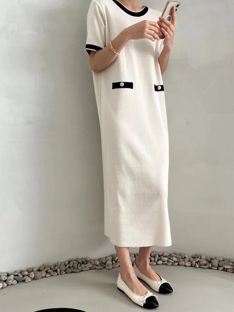 French Style Knit Dress Women O-neck Contrast Color Short Sleeve Casual Midi Long Dresses