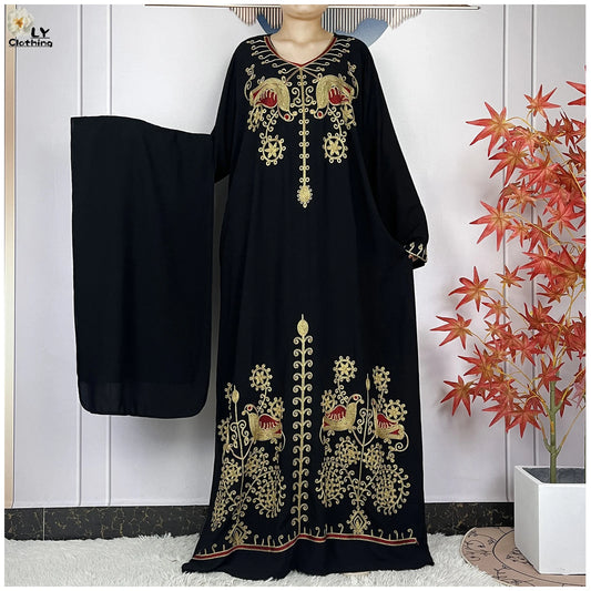 Women Abaya Clothing Floral Embroidery Cotton Long Sleeved Dresses Loose Robe With Headscarf