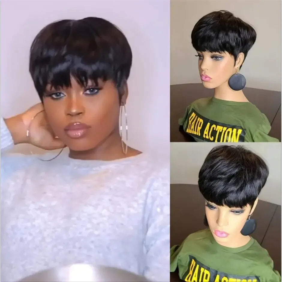 Natural Short Bob Pixie Cut Wigs Short Straight Black Color Bob Pixie Cut Wavy Human Hair Wig With Bangs For Black Women Remy