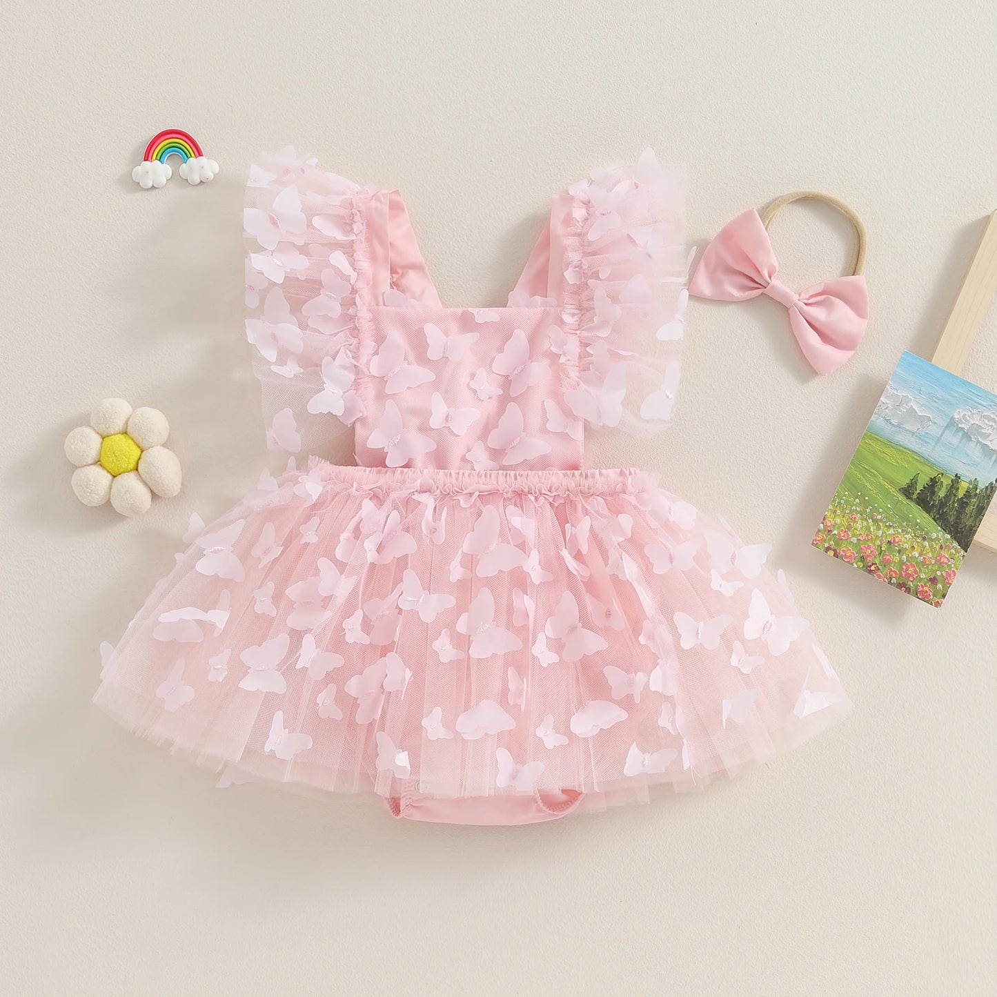 Pudcoco Infant Baby Girls Summer Romper Dress 3D Butterfly Flying Sleeve Square Neck Tulle Jumpsuit with Headband 0-24M