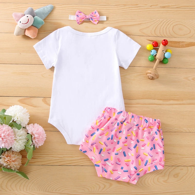 Infant Baby Girl Summer Clothes Set Letter Print Short Sleeve Bodysuit + Cartoon Print Triangle Shorts/Flare Pants Headband 3pcs