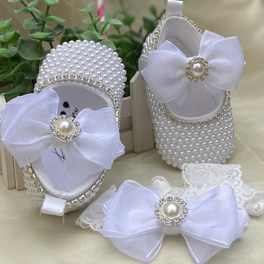White Pearls Bling Rhinestone Baby Crib Shoes Christening Outfit