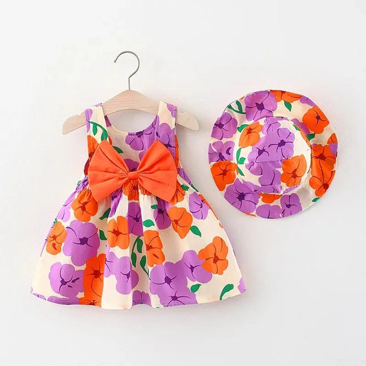 2pcs Summer Baby Girls Beach Princess Dress Cute Bow Flowers Sleeveless Cotton Toddler Dresses+Sunhat Newborn Clothing Set