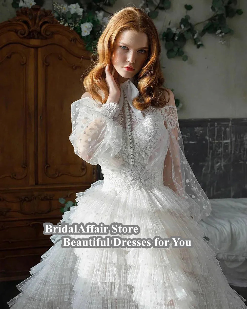 Lace Appliques A Line Ruffles Bridal Dress Full Lace Sleeves
