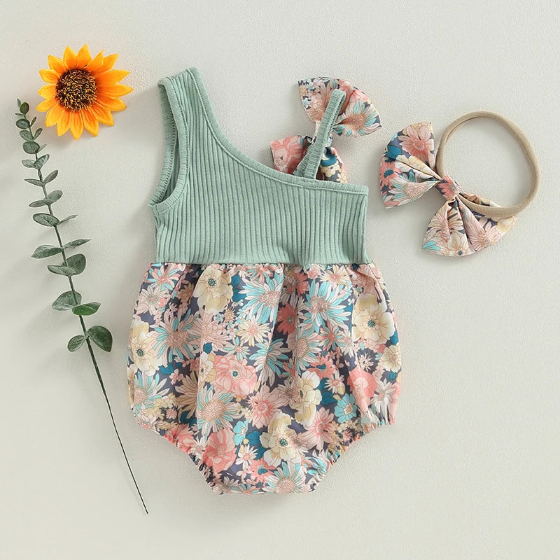 pudcoco Infant Newborn Baby Girl Two Piece Outfits Summer Floral One Shoulder Romper and Stretch Headband Cute Clothes