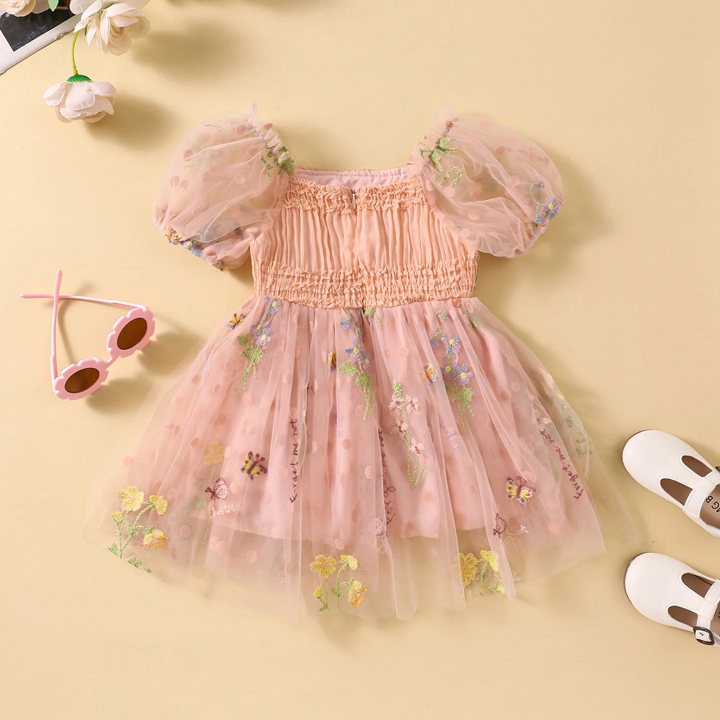 FOCUSNORM 0-4Y Toddler Kids Girls Princess Dress Mesh Short Puff Sleeve Flower Embroidered Ruched Tulle Belt Tutu Dress