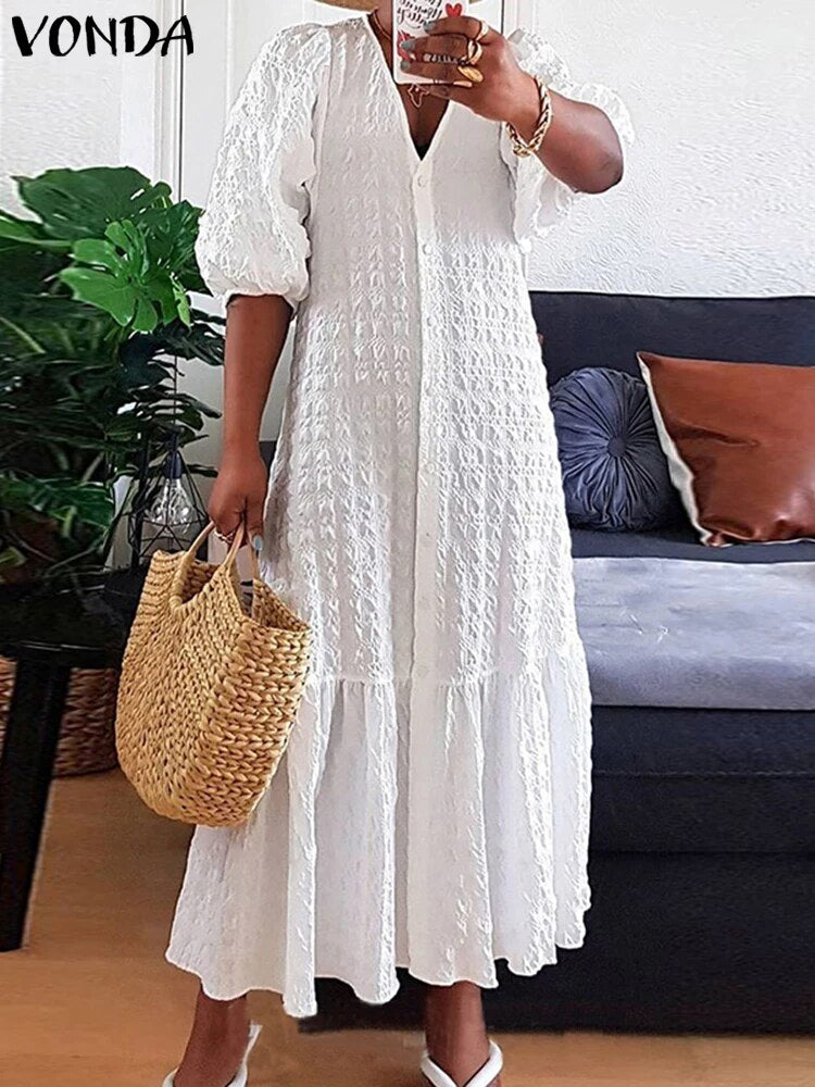 Women Shirt Dress Sexy V Neck Buttons Half Sleeve Long Maxi Bohemian