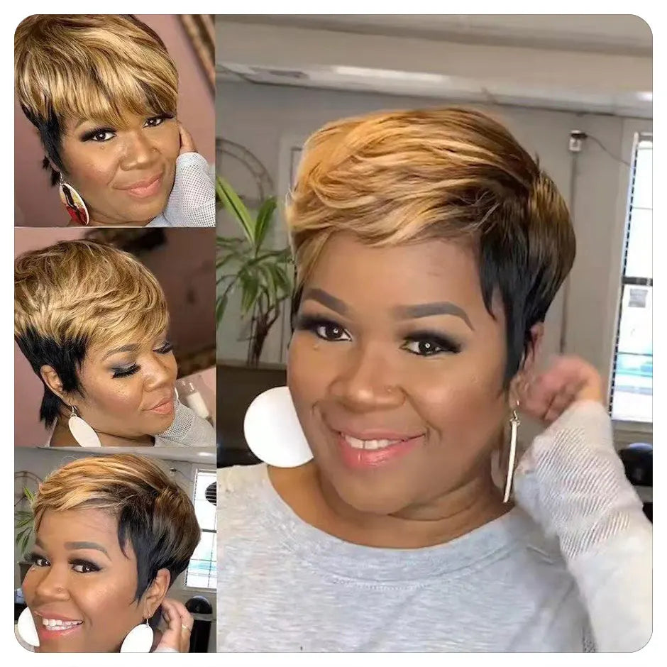 Short Straight Pixie Cut Hair Bob Wig Honey Gold Woman