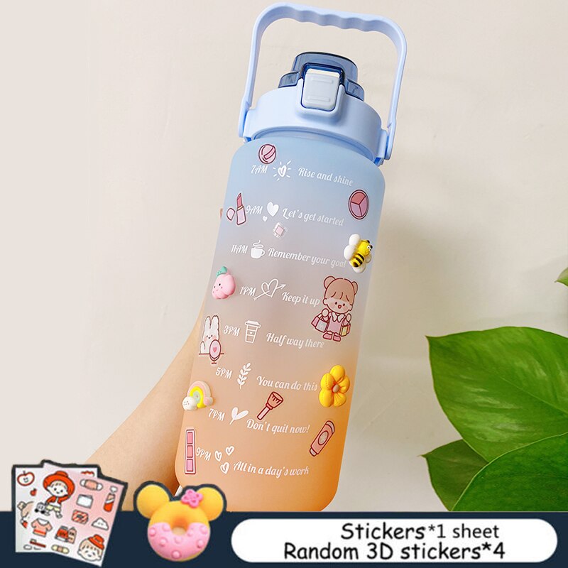 2L Large Capacity Water Bottle With Bounce Cover Time Scale Reminder Frosted Cup With Cute Stickers For Outdoor Sports Fitness