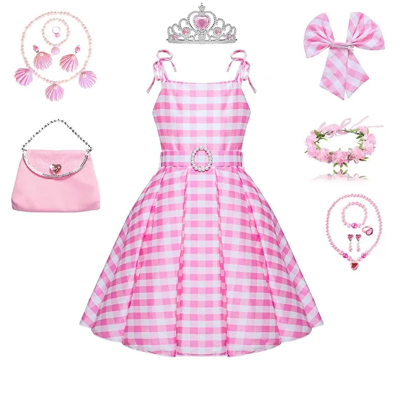 Girl Halter Plaid Pink Princess Pompadour Dress Up Dress Bow Dress Halloween Costume For Kids Birthday Gift