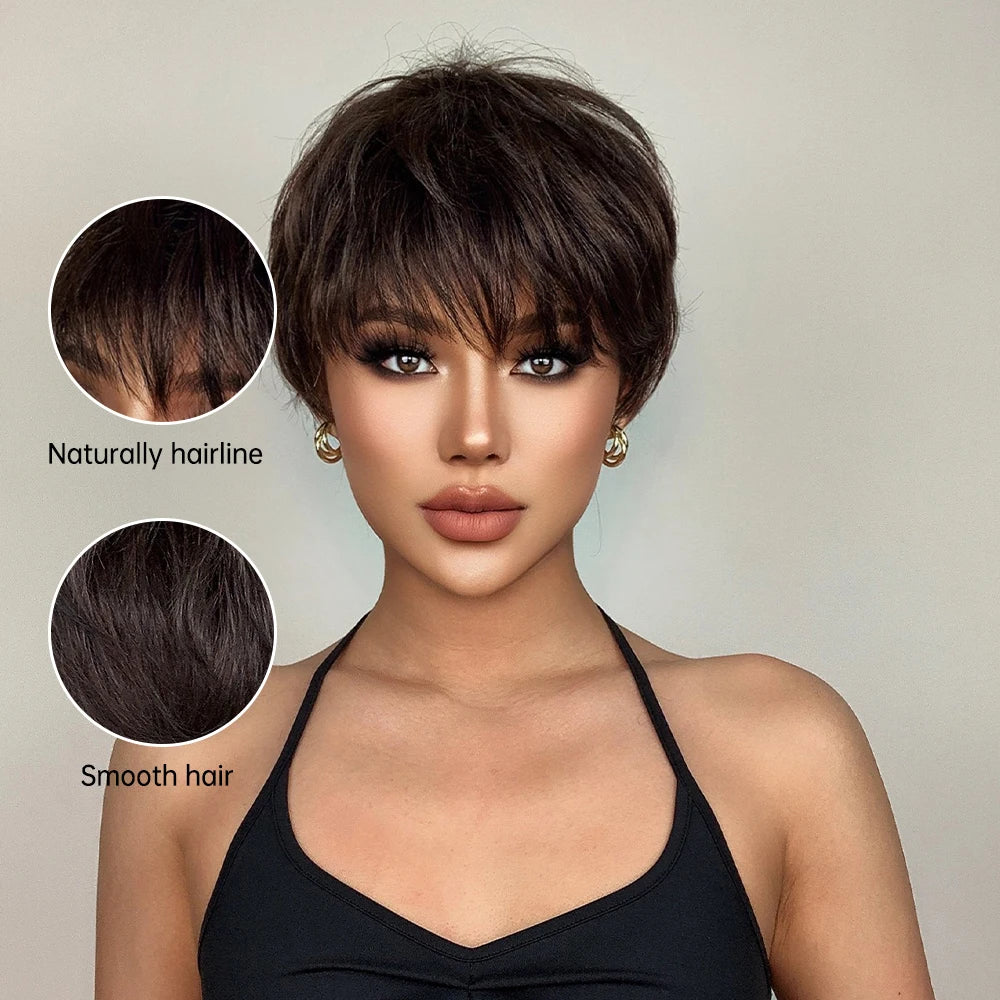 Short Pixie Cut Dark Brown Synthetic Wigs Natural Straight Layered Wig with Fluffy Bangs for Women Daily Heat Resistant Hair