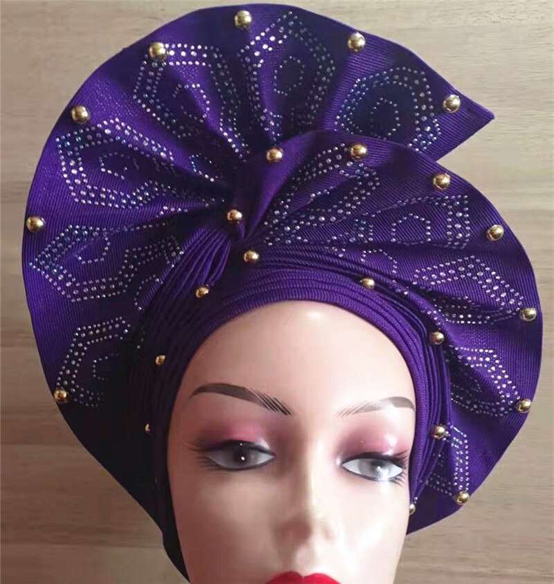 African headtie nigerian gele headties with beads and stones women head wrap sewing fabric for party 1set