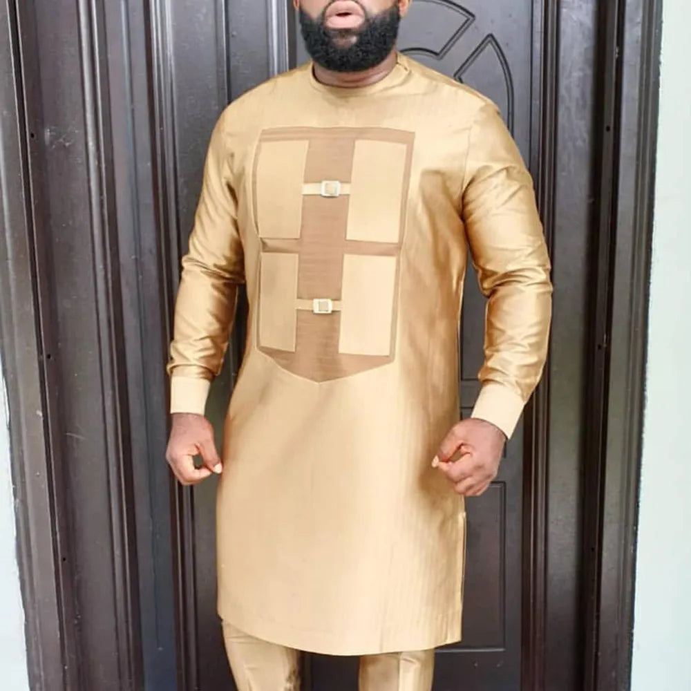 Men's Elegant Long Sleeve Suit Shirt Pants 2-piece Solid Color Party Long Sleeve African Ethnic Style-men suit-Top Super Deals-Gold-M-Free Item Online